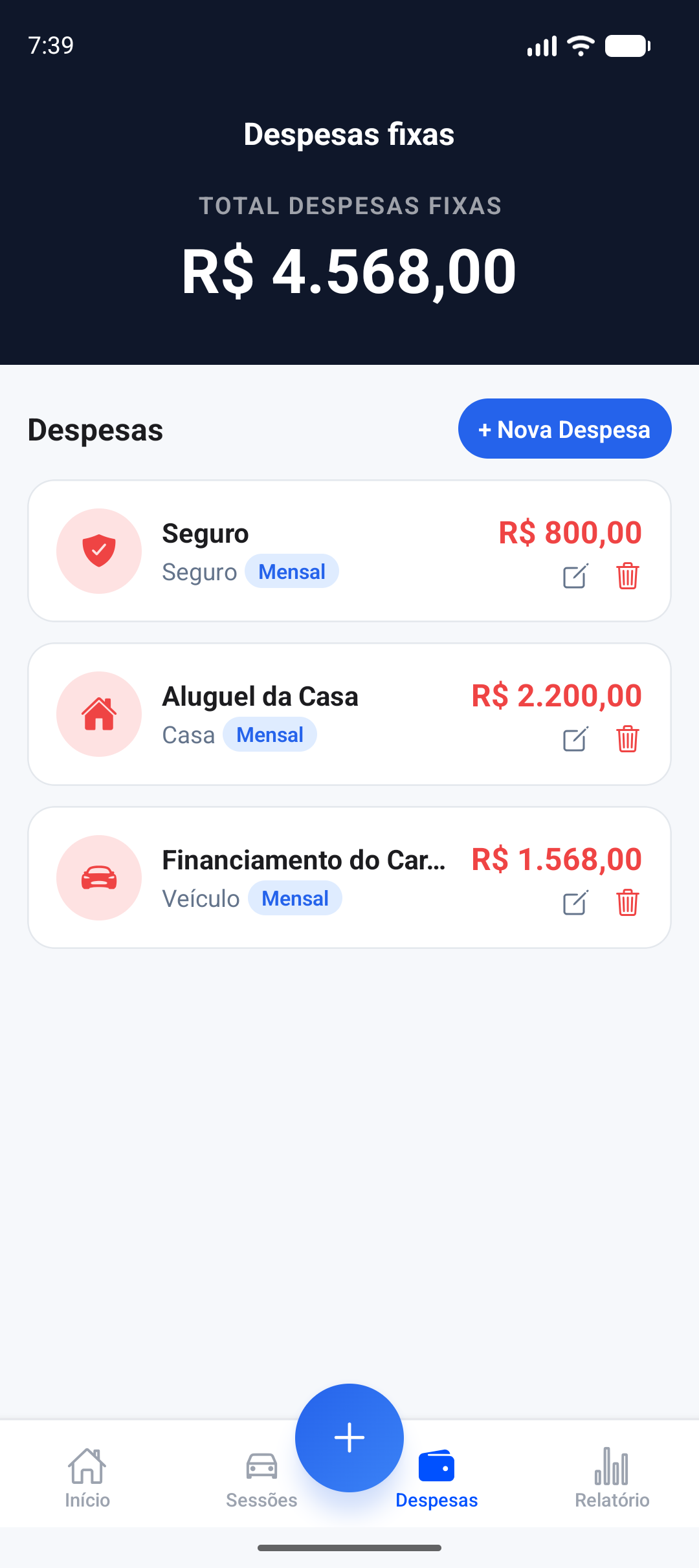 Tela de despesas fixas do app